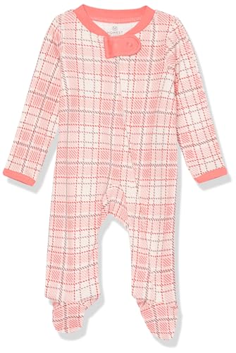 Image of HonestBaby Sleep and Play Footed Pajamas One-Piece Sleeper Jumpsuit Zip-front PJs 100% Organic Cotton for Baby Girls, Romantic Plaid, 0-3 Months