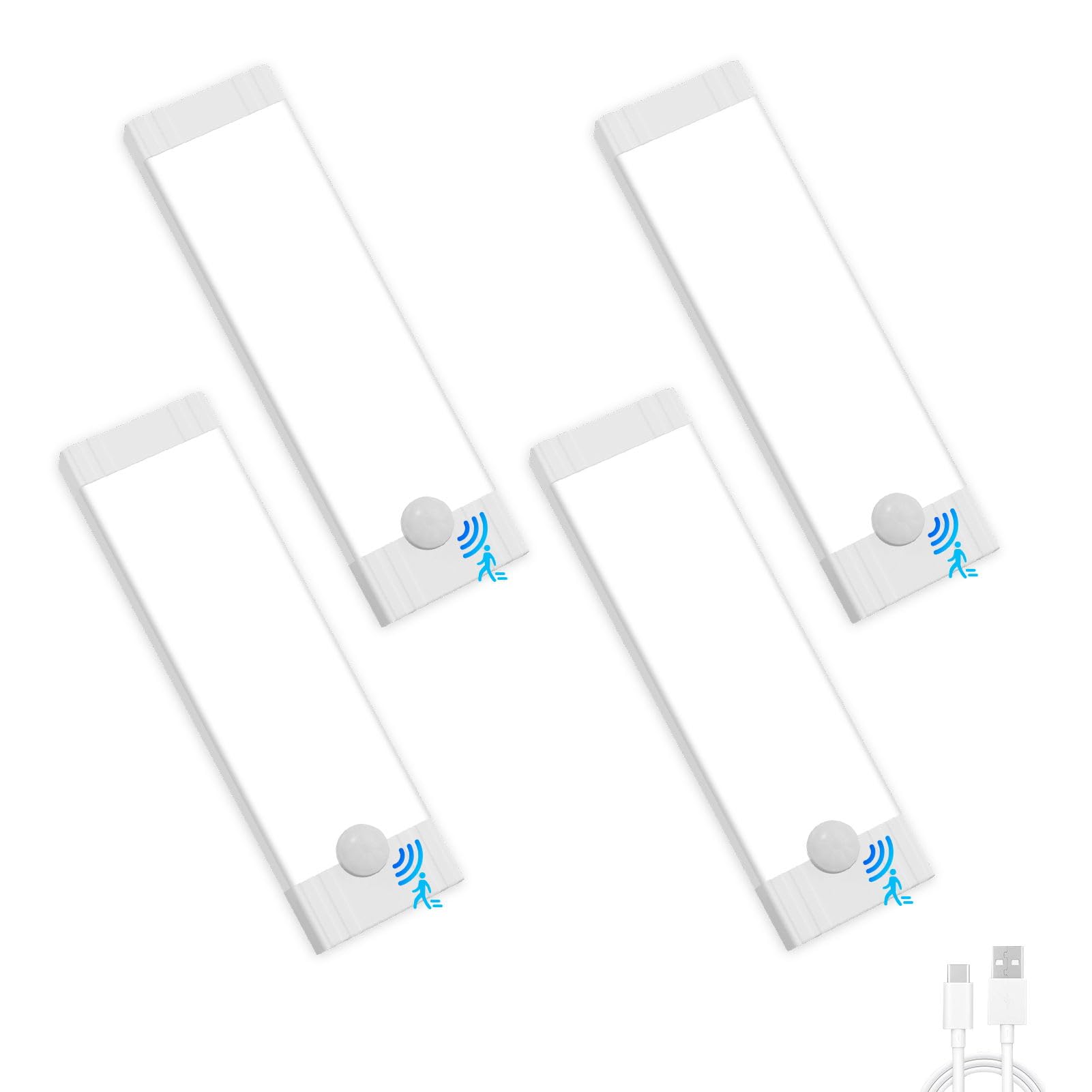 Bellanny Under Cupboard Kitchen Lights LED, 4Pack 24LED Motion Sensor Dimmable Cupboard Lights Indoor, 6500K Wardrobe Light with Magnetic Sticker, Wireless USB Night Light for Closet Hallway Stairs