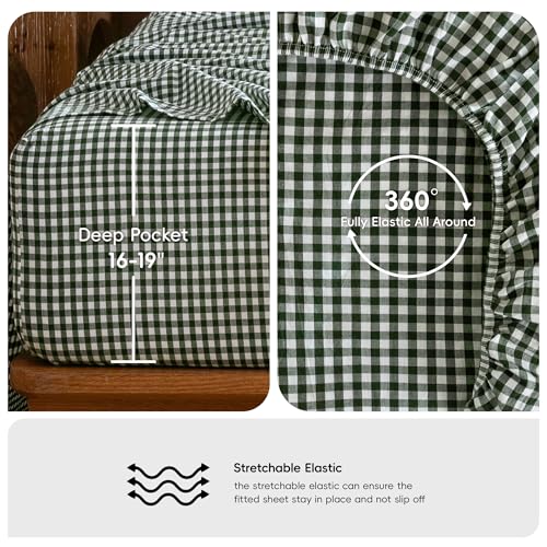 Image of MooMee Gingham Sheet Set 100% Washed Cotton Linen Like Textured Breathable Soft w /Fully Elasticized 16-19 inch Deep Pocket (Mini Gingham Forest Green, Queen)