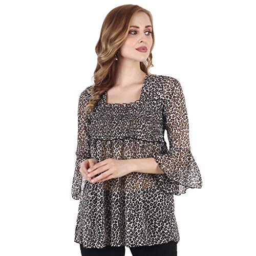 Image of POPWINGS Printed Chiffon Peplum Tops for Women || 3 /4th Sleeves Square Neck Women Tops for Summer || Stylish Western Smocking Women Tops