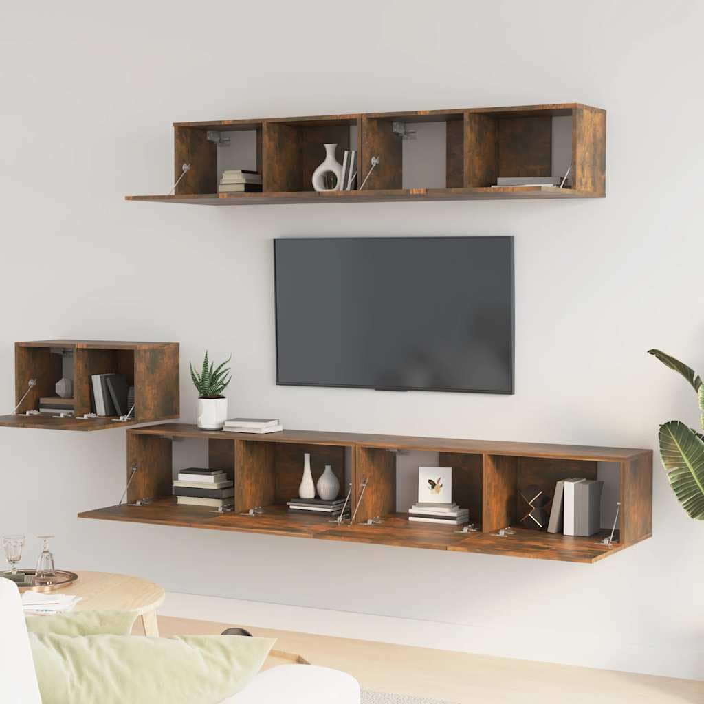 5-TLG. TV-Schrank-Set Räuchereiche Holzwerkstoff, Hängendes Lowboard für Wohnzimmer, Modernes Media Center mit Stauraum, Einfache Wandmontage