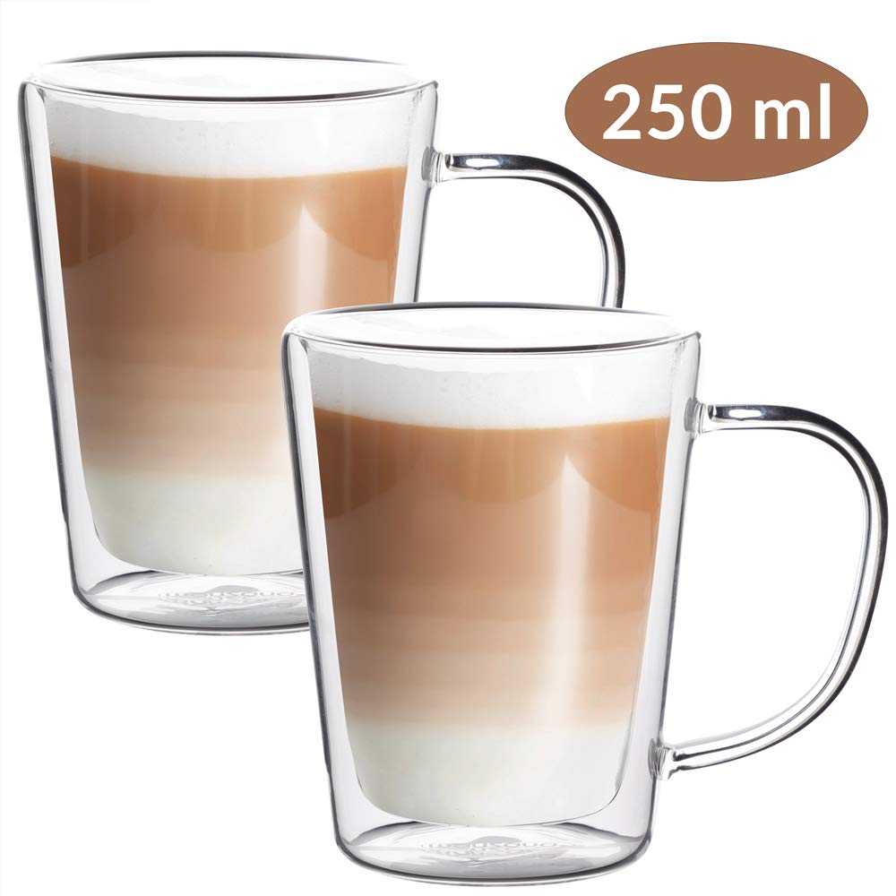 Monzana® 8x Teegläser mit Henkel 250ml Doppelwandig Borosilikatglas Spülmaschinenfest Hitzebeständig Teetassen für heiße Getränke Glas Thermobecher