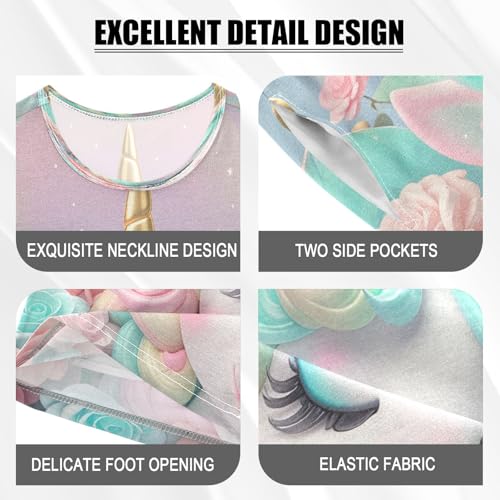 ALAZA Unicorn Rose Flower 3d Pajamas Set Short Sleeve Cotton Sleepwear Summer Pjs 2 Piece 5-14Y4