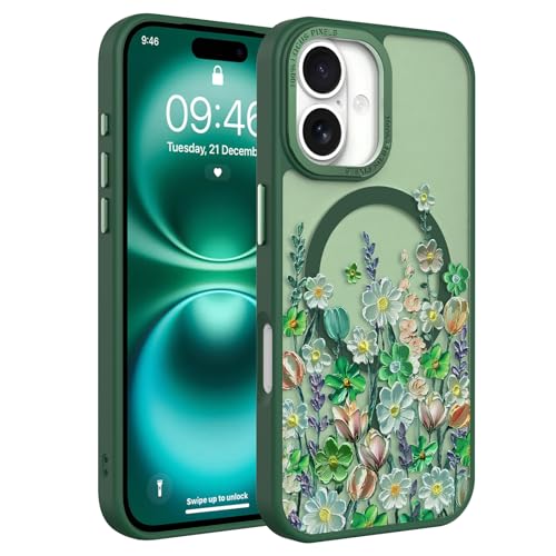 Image of Magnetic for iPhone 16 Case with for Women Girls, Green Floral | Pretty Oil Painting Flower Pattern Design [Compatible with MagSafe] Shockproof Slim Translucent Matte Non-Slip Cover