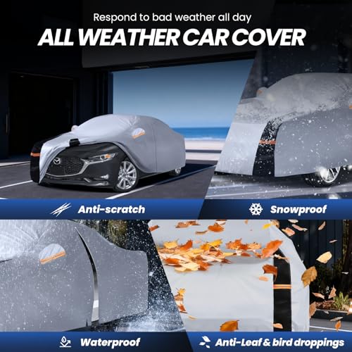 Image of Multi-Layer Car Cover Custom Fit for Mazda 3 Sedan (2003-2026), 100% Waterproof All Weather for Automobiles, Gift with Towel, Heavy Duty Car Covers for Rain Sun UV Protection with Door Zipper.