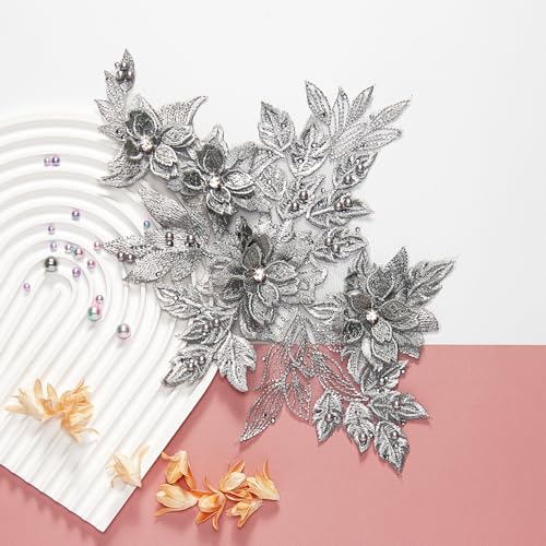 Aplique de encaje con diamantes de imitación bordados 3D Silvora plata 4