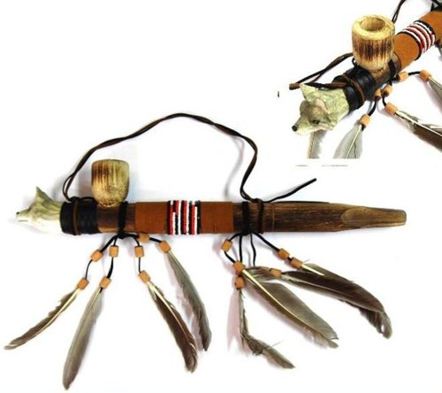 Wooden Wolf Peace Pipe with Beaded Feathers and Leather Wrap
