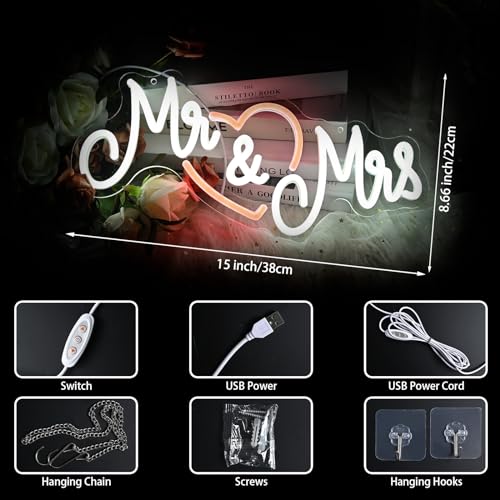 Image of Mr and Mrs Neon Sign for Wedding, Dimmable Mr & Mrs Led Light Up Sign USB Operated for Engagement Party Decorations, Neon Wedding Sign with Heart for Banquet Wall Decor Anniversary Valentines Day Gift