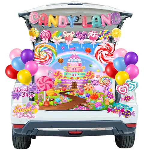 Lollipop Trunk or Treat Outdoor Decorations Kit Candyland Sweet Candy Lollipop Banner Balloons for Car Archway Garage Door Halloween Car Decorations