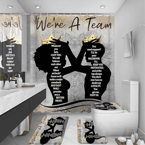4 Pcs Black King Queen Shower Curtain Set, Inspirational Quotes Black Man Women Bathroom Decor Sets with Shower Curtain and Rugs Toilet Lid Cover Bath Mat, Romantic Waterproof Fabric Shower Curtains