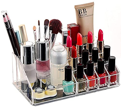 Image of Lipstic Holder Acrylic 16 Grid Makeup Organiser Transparent Plastic Cosmetic Storage Box Lipstick Nail Polish Holder Display Stand Organizer, Pencil Mascara Brush Perfume Stand