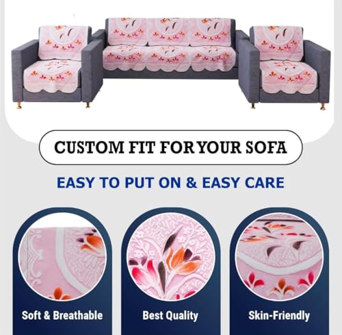 Image of Premium 3-Seater + 2 Single Seater Sofa Cover Set | Anti-Slip Cotton Blend Sofa Protector | Washable & Durability-Enhanced Fabric | Floral Design for Living Room Decor (Pink)