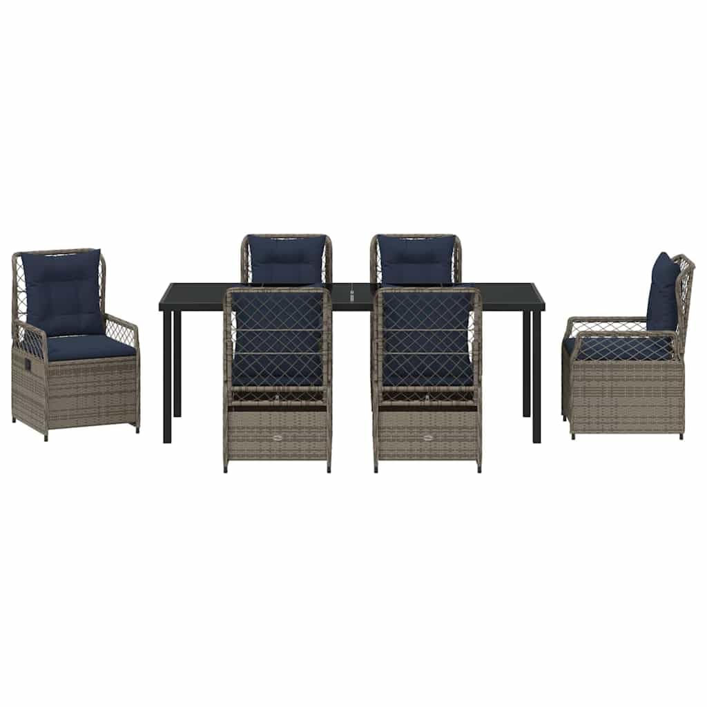 Set di mobili da giardino in polyrattan, 7 pezzi, grigio, tavolo e sedie per terrazza, balcone, con schienale regolabile, resistente alle intemperie, durevole, per eventi estivi all'aperto