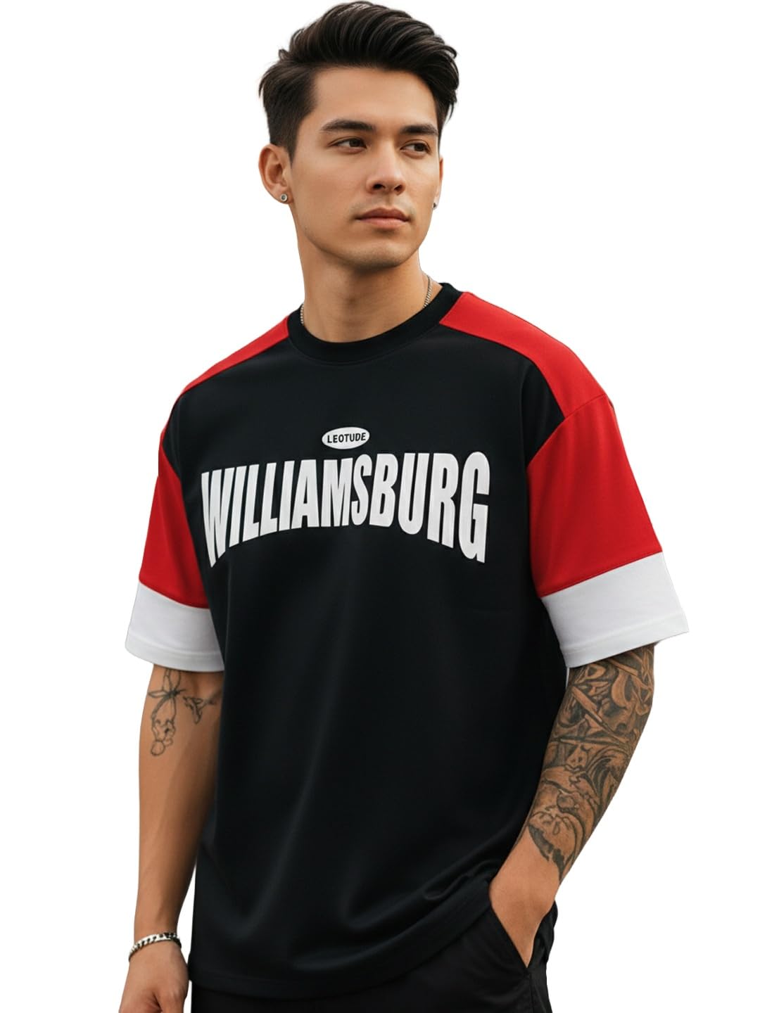 Men's Half Sleeve Cottonblend Printed Colourblocked Round Neck Drop Shoulder Oversized Tshirt for Man (Color Red)