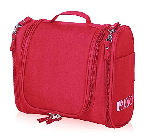 PETRICE Multifunctional Toiletry bag Large Makeup pouch Waterproof Shower Wash Bag Cosmetic Organizer Case Travel Kit Pack with Hook (Red)