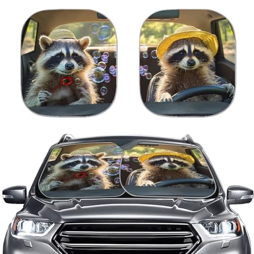 Image of Cute Raccoon 2 PCS Car Window Shades Foldable Automotive Front Window Sunshade Protector Heat and UV Rays That Keeps Vehicle Cool Universal Vehicle Accessories