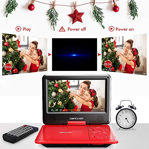 Image of DBPOWER 11.5 inch Portable DVD Player, 5-Hour Built-in Rechargeable Battery, 9 inch Swivel Screen, Support CD /DVD /SD Card /USB, Remote Control, 1.8 Meter Car Charger, Power Adaptor and Car Headrest (Red)