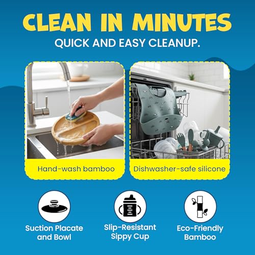 Bamboo & Silicone Baby Feeding Set 8 PCS | Baby Led Weaning Supplies Self Feeding | Divided Suction Plate Bowl Bib Sippy Cup with Straw Utensils Baby Bowls and Spoons Toddler Feeding Set (Pine Gray) - Image 6