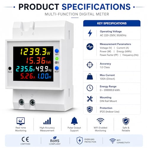 Image of Blackt Electrotech BT710FM Multifunctional Digital Energy Meter - 6-in-1 AC Voltage, Current, Power & Energy Monitor with Built-In CT, 40-300V, 100A (With WIFI)