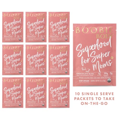 Image of Boobie Body Superfood Protein Meal Replacement Shake, Chocolate Bliss Flavor | 19g Protein | Safe For Pregnancy, Lactation, & Motherhood | Organic, Vegan, Zero Sugar, 10 Single Serve Packets (1.16 oz each)