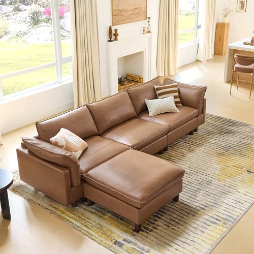 Image of CHITA 127 inch Super Large Sectional Couches for Living Room, Modular Cloud Couch Sectional Sofa, Premium Genuine Leather Sofa, Down Filled, High Density Foam, Real Leather in Saddle, 4 Seat L Shaped