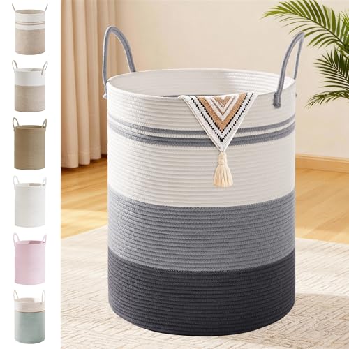 Image of 88L Large Tall Cotton Rope Laundry Basket with Handle, Grey Striped