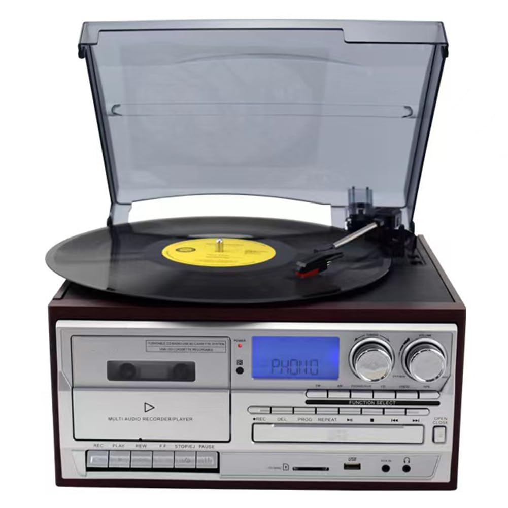 Giradischi retrò 9 in 1, giradischi in vinile con radio AM/FM, 3 velocità, altoparlanti integrati, uscita audio per camera da letto o ufficio