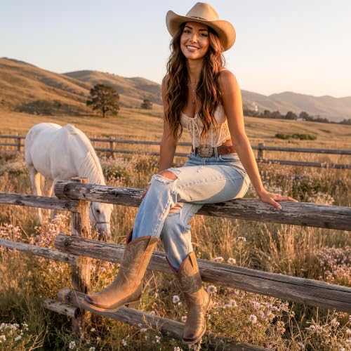 Image of J's.o.l.e Square Toe Cowboy Boots for Women Wide Calf Pull On Fashion Embroidered Western Cowgirl Boots