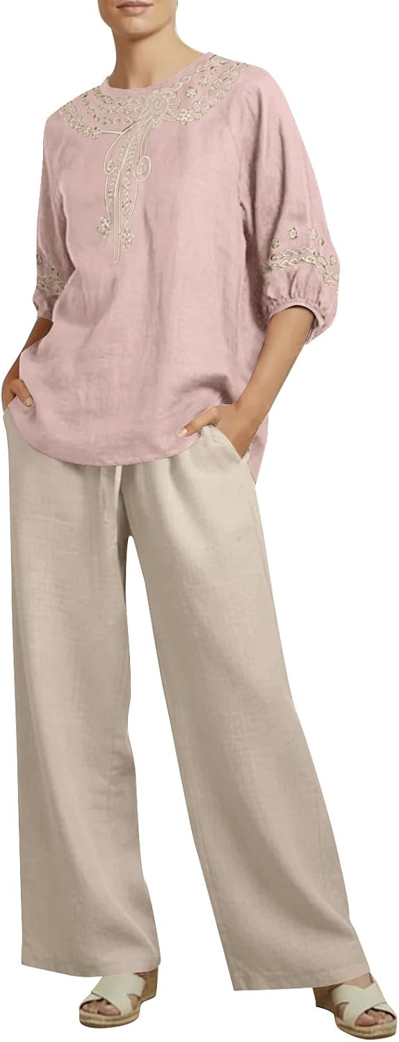 Xiaojmake Women's 2 Piece Lounge Outfits 3/4 Sleeve Cotton Linen Embroidered Top & Wide Leg Capri Pants Casual Matching Sets