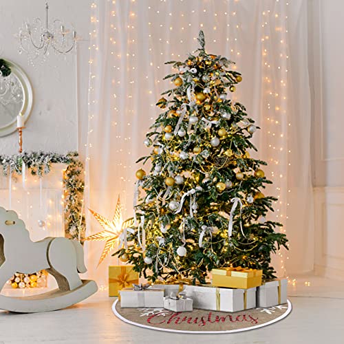 Macting Christmas Burlap Tree Skirt, 30 Inches White Large Small Snowflake Tree Mat With Buffalo Plaid Merry Christmas Printed For Holiday Party Decorations Indoor Outdoor #TOP4