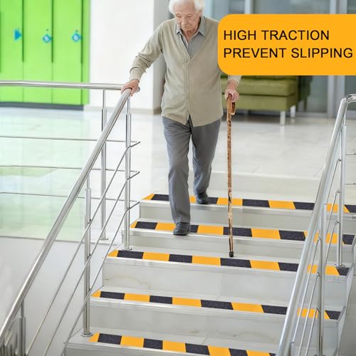 Image of Black & Yellow Anti-Slip Stair Treads Tape, 4 inch x35FT Heavy Duty Non-Skid Grip Tape for Indoor /Outdoor Steps, Bathroom & Pool - PVC Waterproof Safety Traction Tape