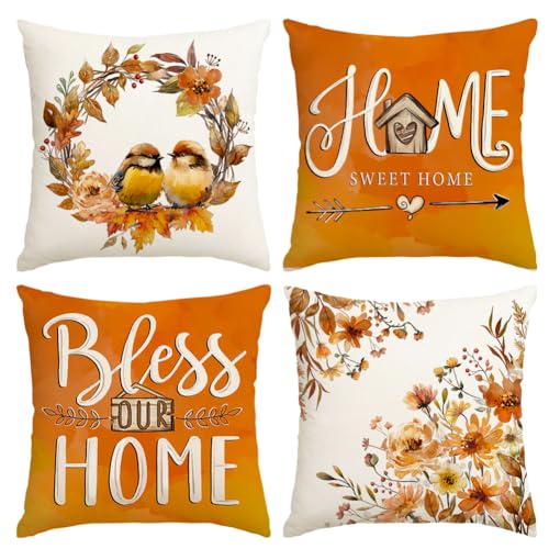 Image of RABUSOFA Fall Throw Pillow Covers 18x18 Inch Set of 4,Bird Floral Blessed Autumn Decor Thanksgiving Outdoor Orange Farmhouse Cushion Case Decoration for Home(Orange, 18 inch x 18 inch)