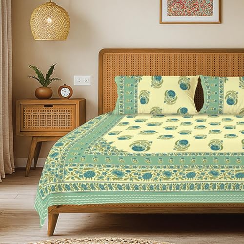 Image of Urban Space 100% Cotton Jaipuri Handblock Premium Printed King Size Bedsheet with 2 Pillow Covers, 240 TC Cotton King Bedsheet (108 x 108 Inches, Chaandbali Sage Green)