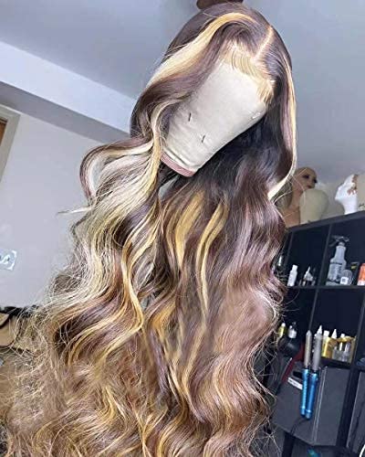 13X4 Highlight Wavy 4-27 Colored Lace Front Wigs Human Hair Brazilian Lace Front Human Hair Wigs Pre Plucked With Baby Hair For Women 150% Density. (18 Inch)