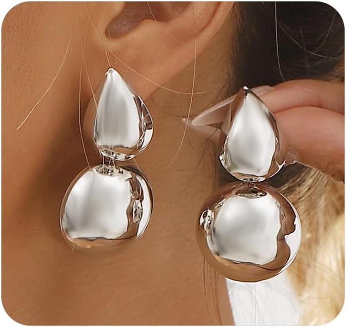 Chunky Gold Half Round Ball Statement Earrings for Women, Dainty Silver Oval Double Bead Drop Dangle Earrings Vintage Hip Hop Ear Jewelry Gifts