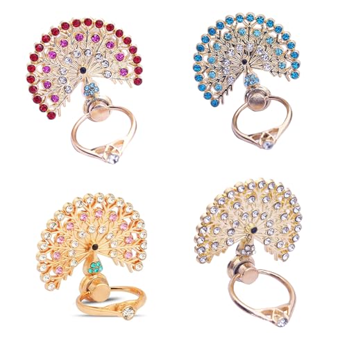 Soporte de pavo real dorado con diamantes para móvil paquete de 4 anillos de agarre ajustables