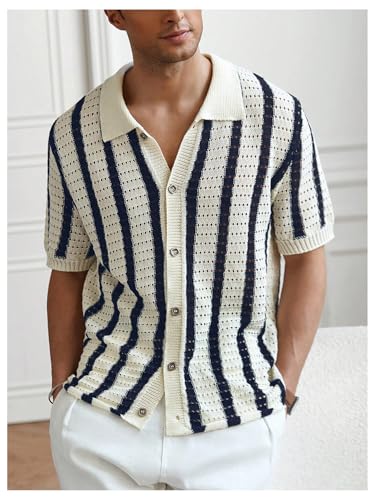 Verdusa Men's Striped Crochet Button Down Shirts Hollow Out Short Sleeve Sweater Collared Knit Tops3