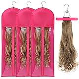 AIHOPESTO 3PCS Extra Long Wig Storage Bag with Wooden Hanger Hair Extension Storage Bag with Hanger Portable Dust-proof Portable Suit with Transparent Zip Up for Hairpiece (Rose