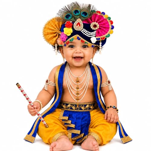 Image of Raj Fancy Dresses Luxury Krishna Pagri for Kids Boys & Girls | Bal Gopal Kanha Janmashtami Turban with 3 Mor Pankh & Pearl Work | Fancy Dress, School Function & Photoshoot Headgear | Only Pagri
