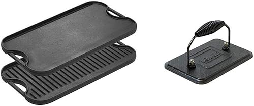 Lodge parrilla de hierro fundido presazonada, reversible, con asas, 20 pulgadas x 10.5 pulgadas y prensa de hierro fundido presazonada con mango en