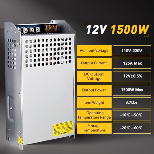 12V 125A 1500W AC to DC Converter - 110V/120V to 12V Transformer LED Driver with Smart Cooling Fan for LED Strip, CCTV, and Car Devices3