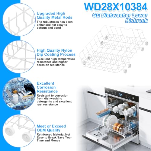 Image of UPGRADED WD28X10384 Lower Rack for GE Dishwasher Rack Replacement Parts,WD28X10384 WD28X10309 WD28X10166 WD28X10165 GLD5660N00SS GLD4560R00SS General Electric GE Dishwasher Bottom Rack Part with Wheel