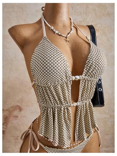 Image of RoseSeek Women's 2 Piece Boho Polka Dots Beaded Bikini Sets Sexy Swimsuits | Halter Swimsuits, Backless, Textured, Tie Side, Tankini Set, Bathing Suits, Summer, Vacation