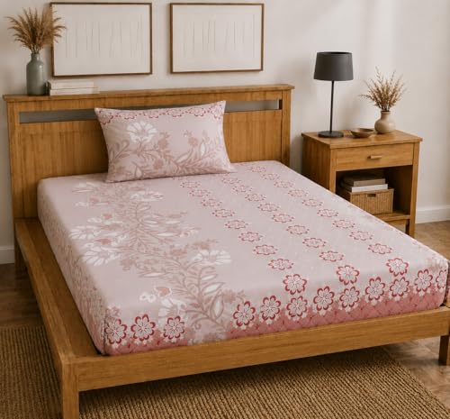 Image of 215 TC Glace-Cotton All Around Elastic Fitted Bedsheet, Elastic Fitted Bedsheet Single Size Bedsheet for Single Bed with 1 Pillow Cover, Size - 72 x 36 x 8 Inch Color