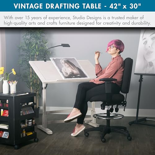 Image of Studio Designs Wood Drawing /Drafting Table with Pencil Ledge - 42 inch W x 30 inch D - Whitewash - Tilting Top Adjustable Desk