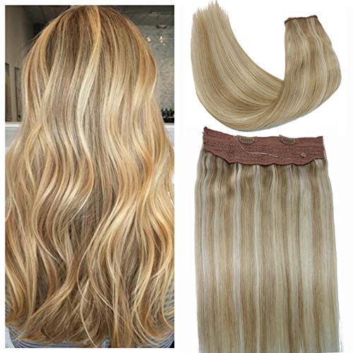 Queensstyle Human Hair Extensions Halo Hair Ombre Honey Brown mix with Bleach Blonde Natural Hidden Wire Hair Extensions Invisible Hairpieces Secret Fish Extensions 16In 80g