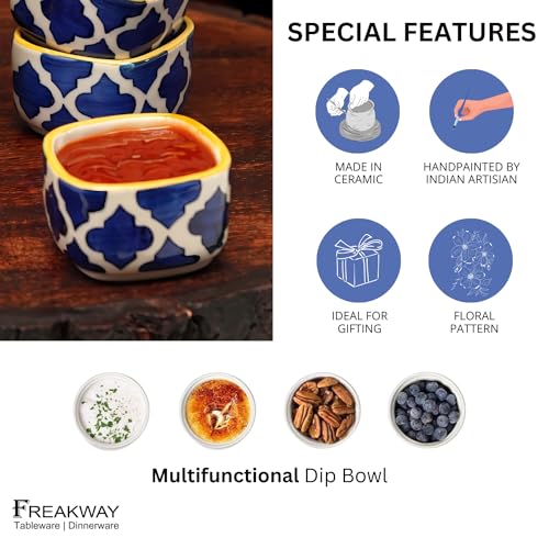 Image of Freakway Hand Painted White Ceramic Dip Bowls | Bowls Set of 2, 40Ml | Bowl for Serving Chutney Bowl /Pickle Bowl /Small (Moroccan Blue)