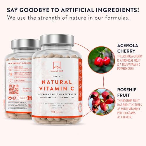 High Strength Natural Vitamin C Capsules 1000mg - 180 Vitamin C Tablets - Acerola Fruit Extract - with Citrus Bioflavonoids and Rosehip - VIT C Supports Immune Function- 3 Months Supply - 100% Vegan - Image 4