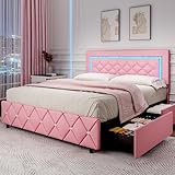 Full Size Bed Frame with LED Lights, Upholstered Bed Frame with Storage Drawers, Princess Platform Bed with Diamond Headboard and Footboard, No Box Spring Needed, Pink