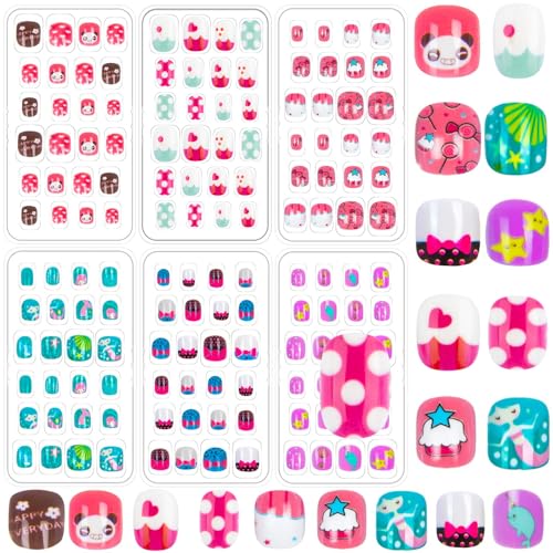 144 Pieces Fake Nails for Kids Girls Artificial Kids Press on Nai...